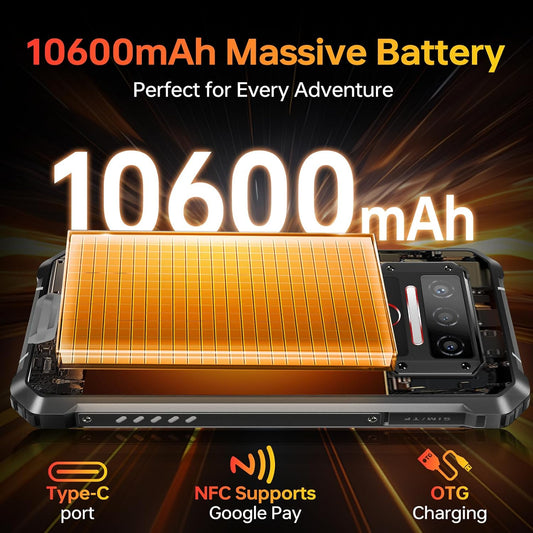 WP23S Rugged Smartphone 10600mAh, Android 15 Rugged Mobile Phones | 16GB RAM+64GB ROM Tough Smartphone, 6.52” Display, 13MP Camera, 4G Dual SIM, IP68/69K Waterproof Phone, NFC, Fingerprint, OTG