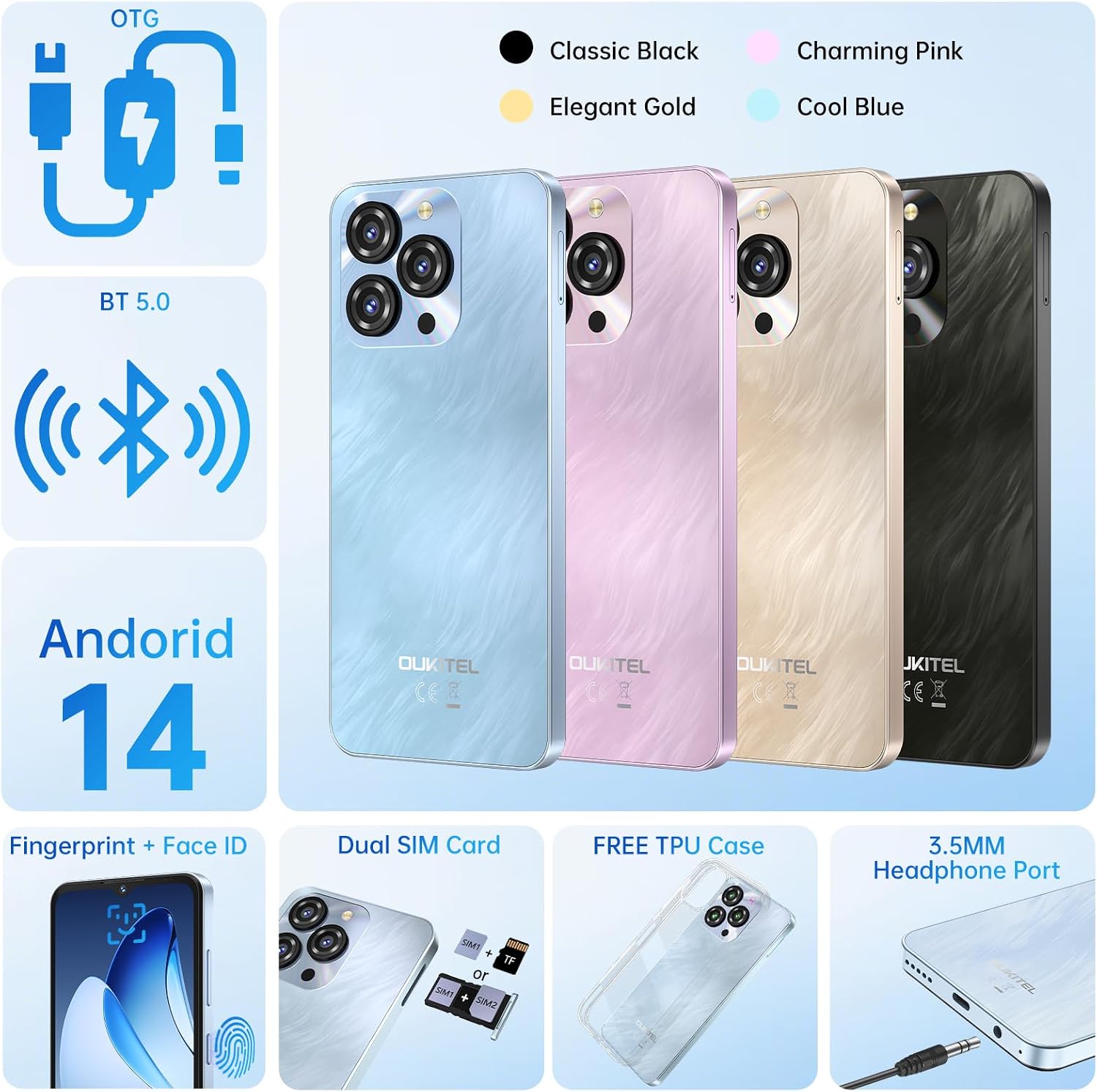 C3 Mobile Phones, 256GB ROM, 5000mAh, Screen 6.52", Dual SIM, Gold | OTG, GPS,13MP+5MP, 3.5mm headphone jack