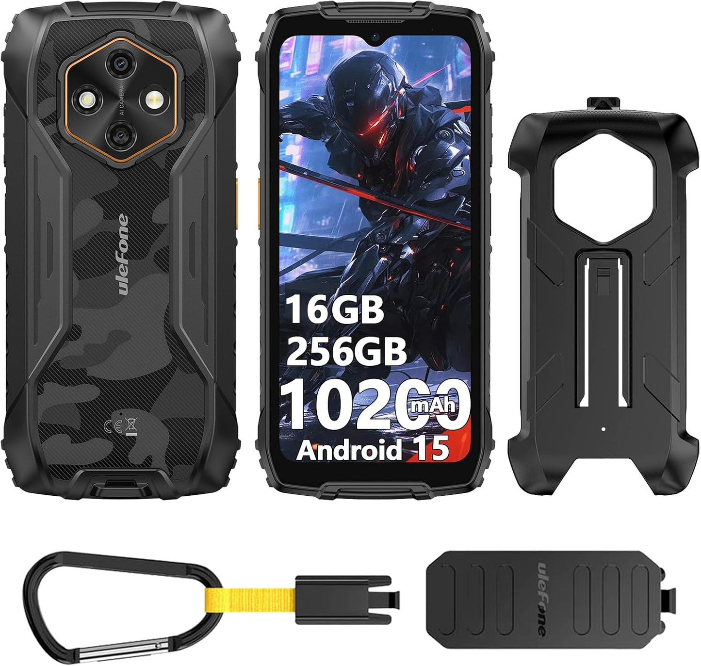 Ulefone RugKing 4 Pro Rugged Smartphone, 16GB+256GB/2TB TF, 10200mAh Dock Charging Android 15 48MP Waterproof Camera, 120Hz 6.56" Tough Screen, 4G SIM Free Mobile Phone Unlocked 3-Card Slot NFC Black