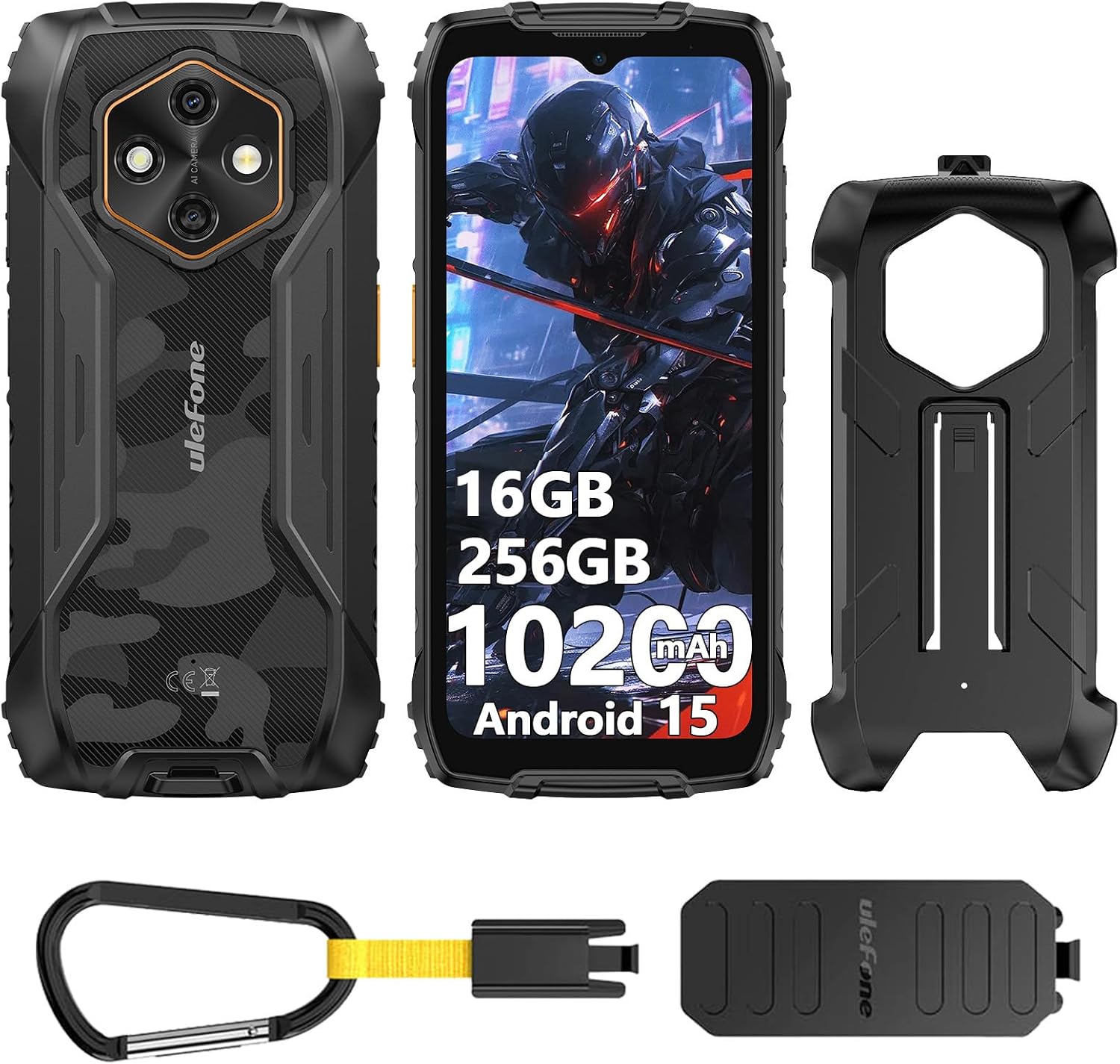 Ulefone RugKing 4 Pro Rugged Smartphone, 16GB+256GB/2TB TF, 10200mAh Dock Charging Android 15 48MP Waterproof Camera, 120Hz 6.56" Tough Screen, 4G SIM Free Mobile Phone Unlocked 3-Card Slot NFC Black