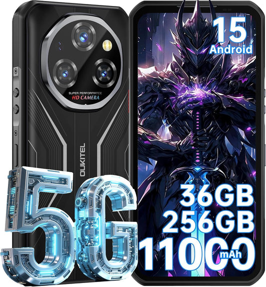 OUKITEL WP55 Smartphone 5G Rugged, Android 15, 256GB+36GB RAM, 6.6" FHD+ 120Hz Screen, 108MP Camera, 11000mAh Battery, IP68/IP69K, Dual SIM