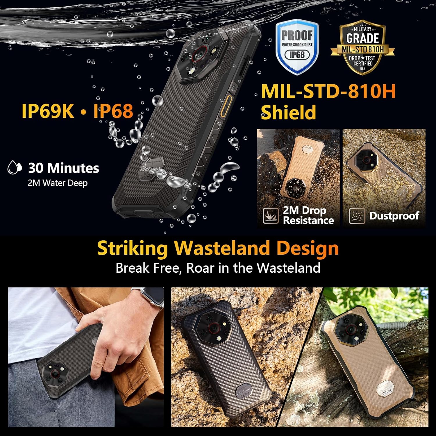 Ulefone Armor X16 Rugged Smartphone, 10360mAh 33W AI Phone Android 16, 48MP+20MP Night Vision, 128GB/2TB, MTK G91, 6.56" 3 Card Slots, NFC IP68/69K Waterproof 4G Dual SIM-Free Unlocked Mobile Phones