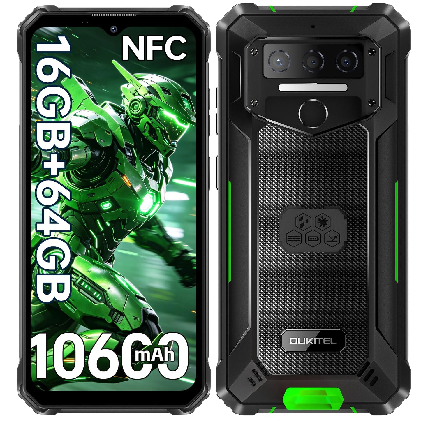 WP23S Rugged Smartphone 10600mAh, Android 15 Rugged Mobile Phones | 16GB RAM+64GB ROM Tough Smartphone, 6.52” Display, 13MP Camera, 4G Dual SIM, IP68/69K Waterproof Phone, NFC, Fingerprint, OTG