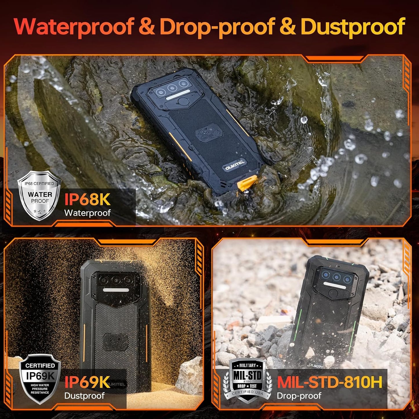 WP23S Rugged Smartphone 10600mAh, Android 15 Rugged Mobile Phones | 16GB RAM+64GB ROM Tough Smartphone, 6.52” Display, 13MP Camera, 4G Dual SIM, IP68/69K Waterproof Phone, NFC, Fingerprint, OTG