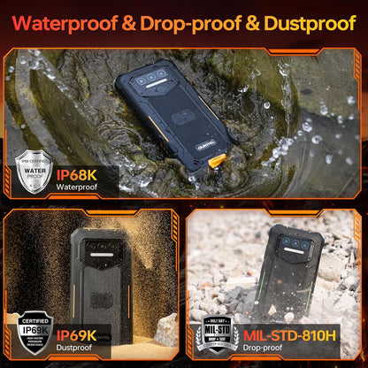 WP23S Rugged Smartphone 10600mAh, Android 15 Rugged Mobile Phones | 16GB RAM+64GB ROM Tough Smartphone, 6.52” Display, 13MP Camera, 4G Dual SIM, IP68/69K Waterproof Phone, NFC, Fingerprint, OTG