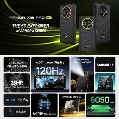 Ulefone Armor X31 Pro Rugged Smatphone 6050mAh Battery 16GB+256GB Android 14 5G
