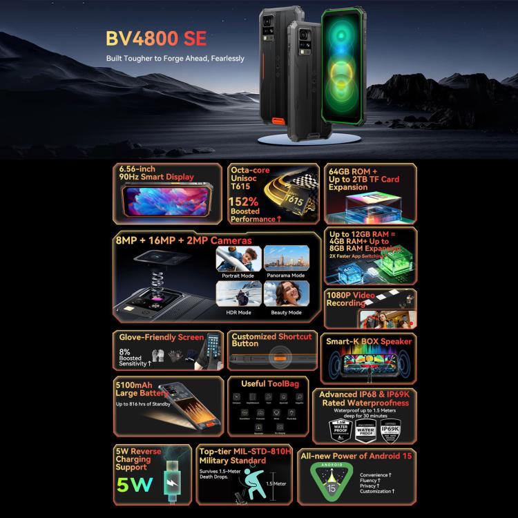 Blackview BV4800 SE Rugged Phone 4GB+64GB, 6.56-inch Android 15 NFC