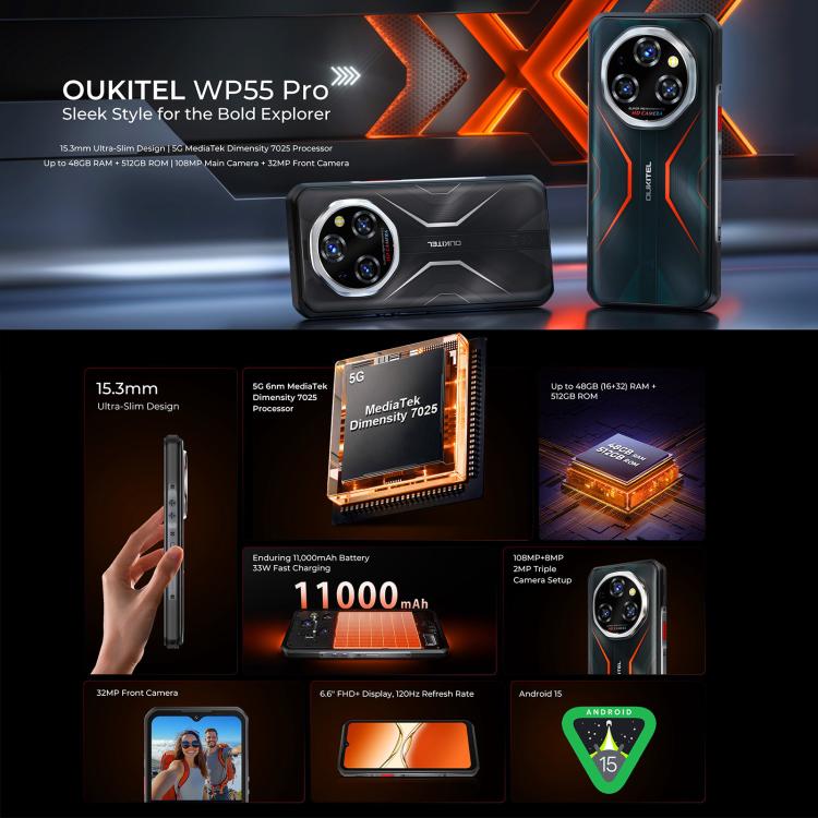 Oukitel WP55 Pro 5G Rugged Phone 48GB+512GB 108MP Camera 11000mAh Android 15