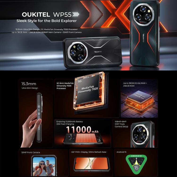 Oukitel WP55 5G Rugged Mobile Phone 36GB+256GB Android 15 11000mAh 108MP Camera