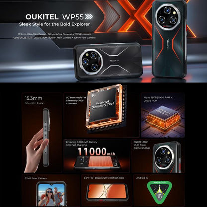 Oukitel WP55 5G Rugged Mobile Phone 36GB+256GB Android 15 11000mAh 108MP Camera