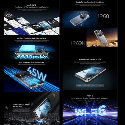Oukitel WP200 Pro 5G Rugged Mobile Phone 72GB+1TB Android 15 8800mAh Battery