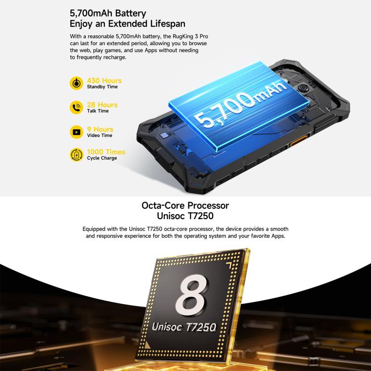 Ulefone RugKing 3 Pro, 16GB+128GB, Rugged Phone, Android 15, 5700mAh