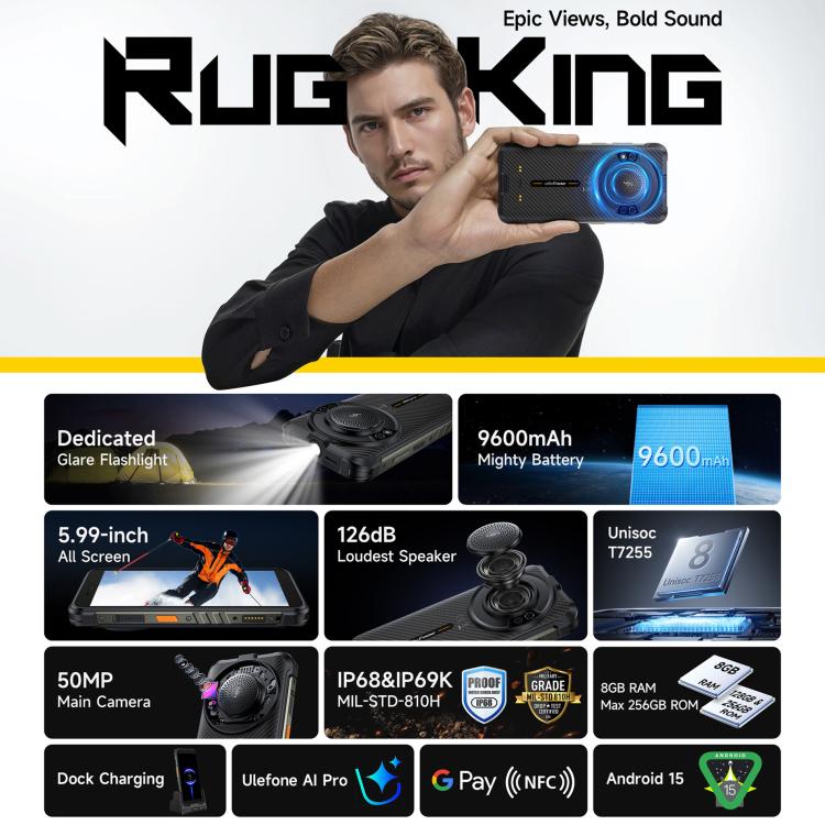 Ulefone RugKing Rugged Phone 8GB + 128GB IP68/IP69K Android 15