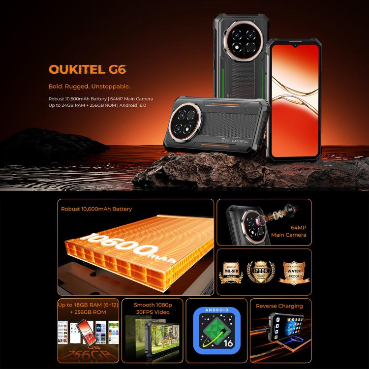 Oukitel G6 Rugged Phone 6GB + 256GB 10600mAh Android 16