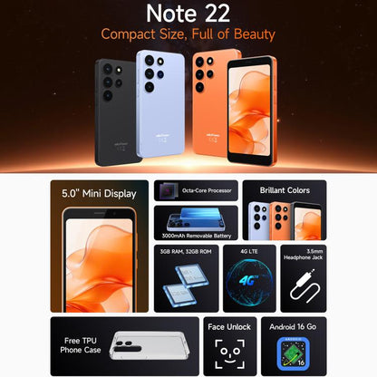 Ulefone Note 22, 3GB+32GB, 5.0 inch Android 16 Go Unisoc T7100 Octa Core, Network: 4G, OTG, Note 22