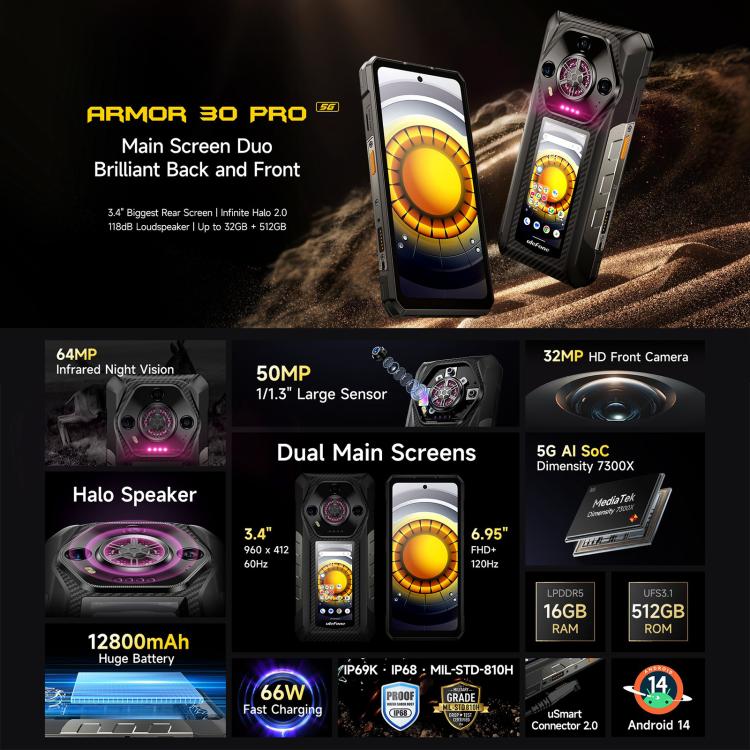 Ulefone Armor 30 Pro Rugged Phone 32GB + 512GB 66W Fast Charging 12800mAh 5G
