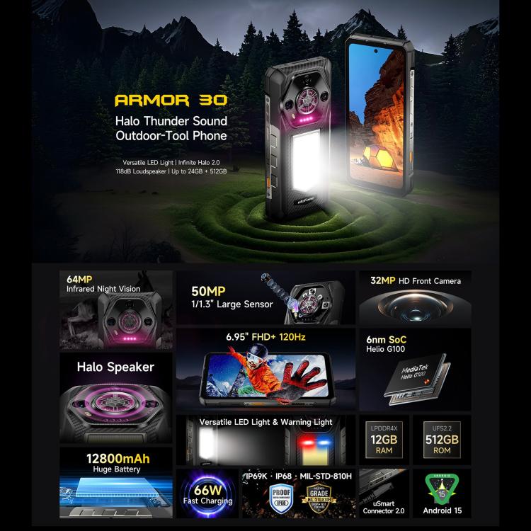 Ulefone Armor 30 Rugged Phone 24GB + 512GB 12800mAh 66W Fast Charging Android 15