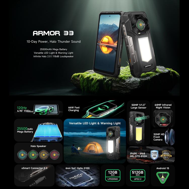 Ulefone Armor 33 Rugged Phone 25500mAh Battery 66W Fast Charging 24GB + 512GB