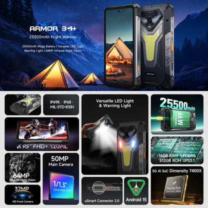 Ulefone Armor 34 Plus Rugged Phone 32GB/512GB Android 15 66W 25500mAh 5G