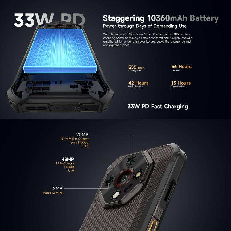 Ulefone Armor X16 Android 15 Rugged Phone 12GB + 128GB 10360mAh 33W Fast Charging