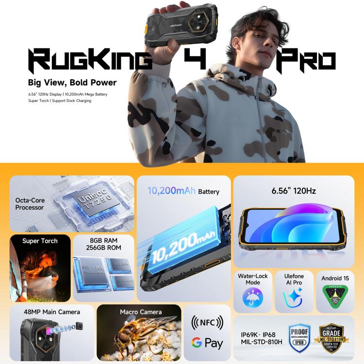 Ulefone RugKing 4 Pro 8GB + 256GB IP68/IP69K Rugged Phone Android 15 10200mAh