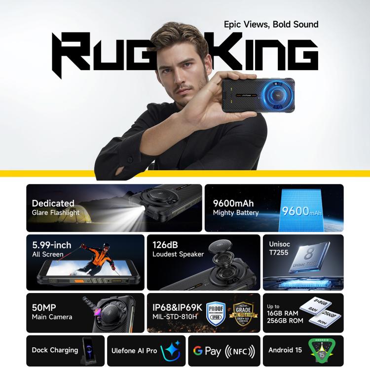 Ulefone RugKing Rugged Phone 16GB + 256GB IP68/IP69K Android 15